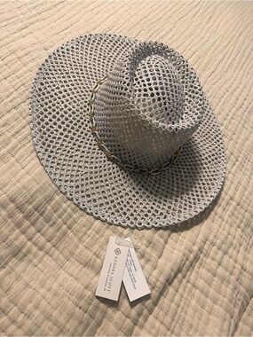 Kendra Scott Light blue Crochet Sun Hat with Gold Chain Trim